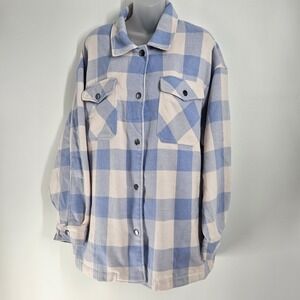 HFX Flannel Shirt Women's Blue White Buffalo Check Plaid Snap Shacket Size XL
